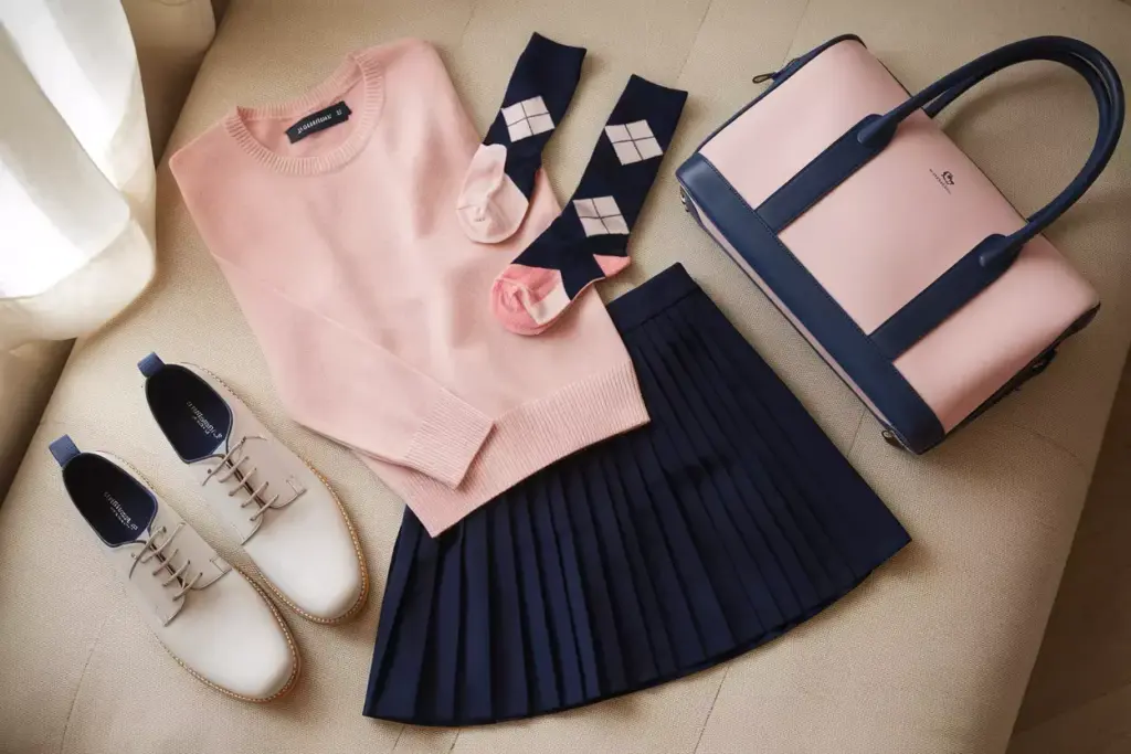 Elegant blush navy golf outfit flat lay textured