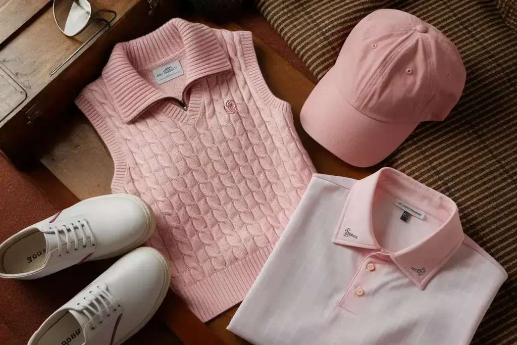 Vintage inspired pink golf ensemble nostalgic flat lay