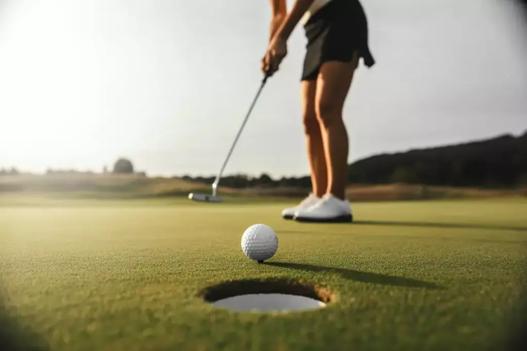 Close Up Of Golf Ball Rolling On Putting Green Toward Hole