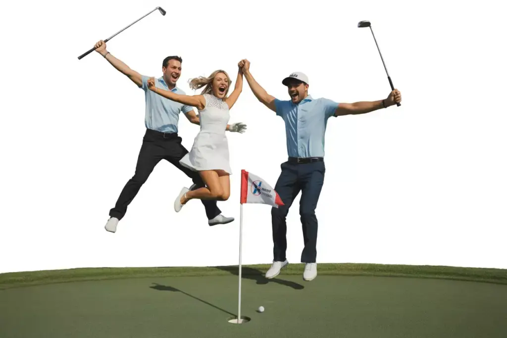 Couple Jumping Cheering Exaggerated Celebration Hole In One Mini Golf Action Shot