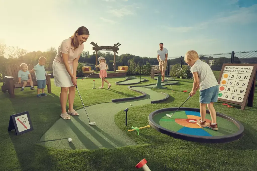 Family Entertainment Complex With Adult Putting Child Chipping Mini Golf Obstacles And Spectator Seating