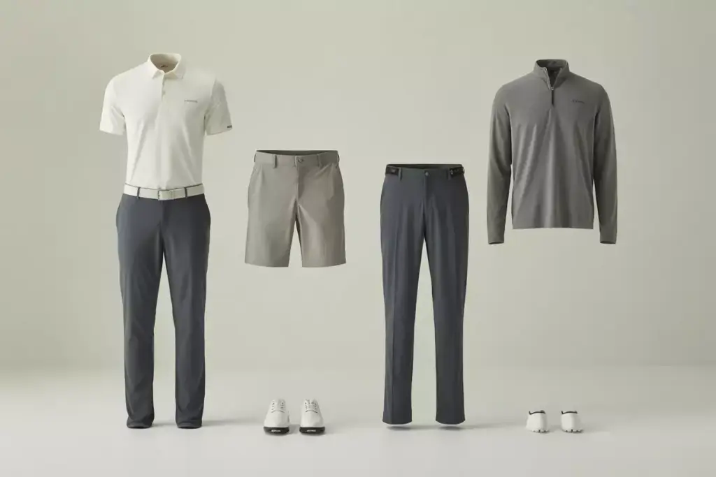 Minimalist Golf Wardrobe White Polo Stone Shorts Gray Pants On Neutral Backdrop