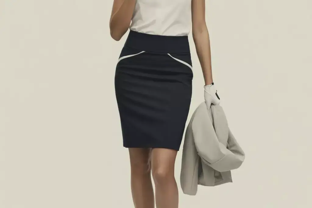 Pencil silhouette black golf skirt blazer blouse studio
