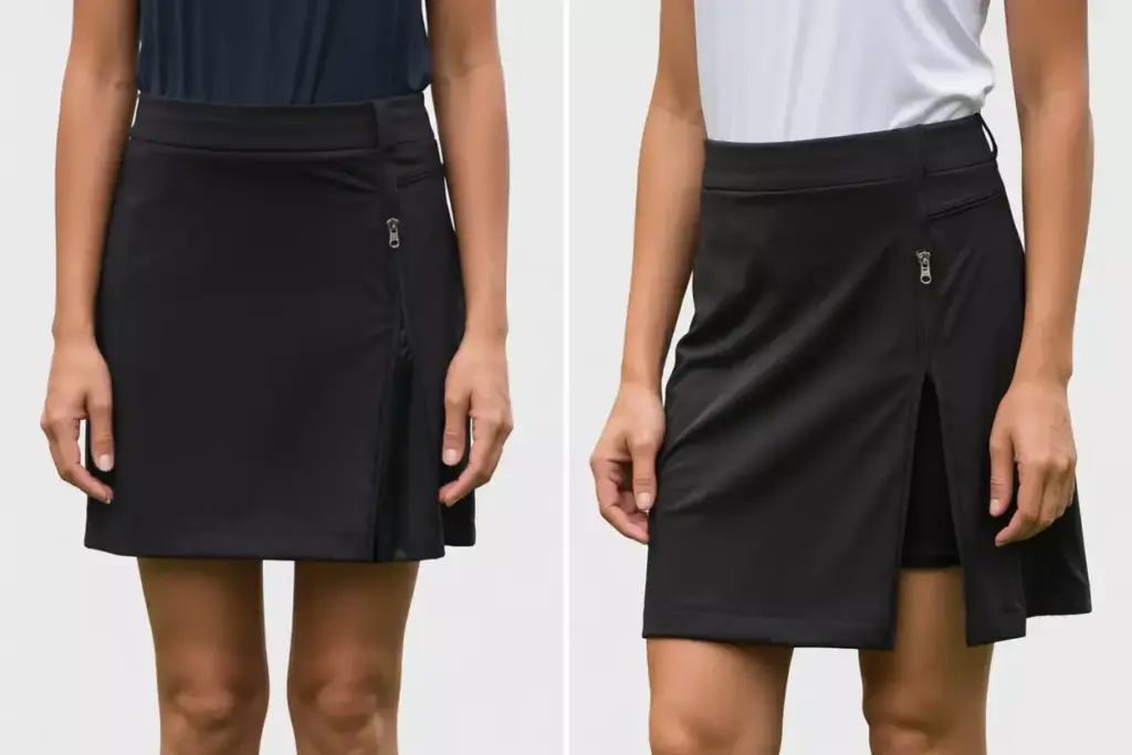 Convertible black golf skirt two lengths comparison diptych