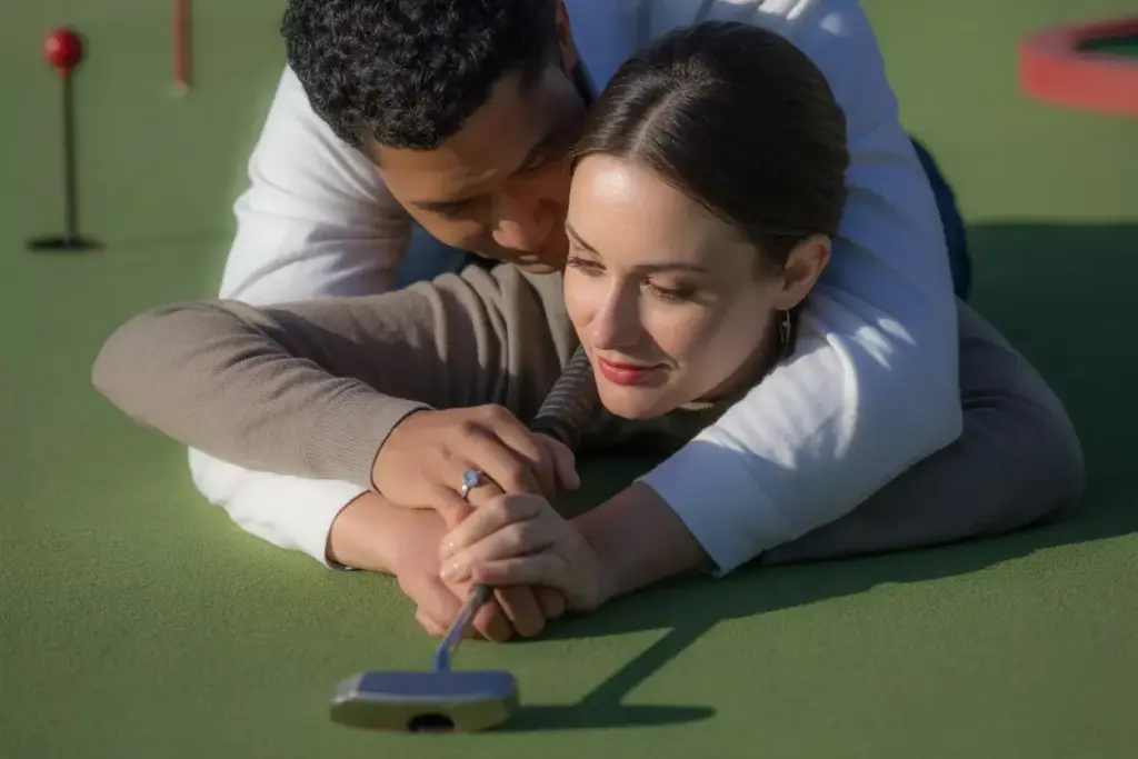 Couple Intimate Putting Lesson One Guiding Other Hands On Putter Romantic Embrace