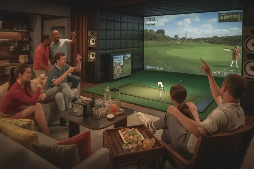 Design Entertainment Features That Wow Guests Group Watching Golf On 4k Screen With Mini Bar And Comfortable Seating