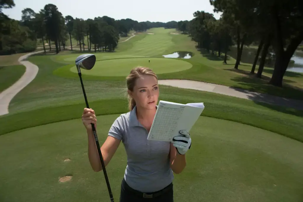 Female Golfer On Tee Box Studying Yardage Book And Fairway Layout