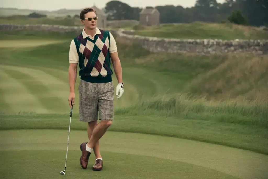 Golfer In Argyle Vest And Tartan Shorts On Traditional Links Style Course