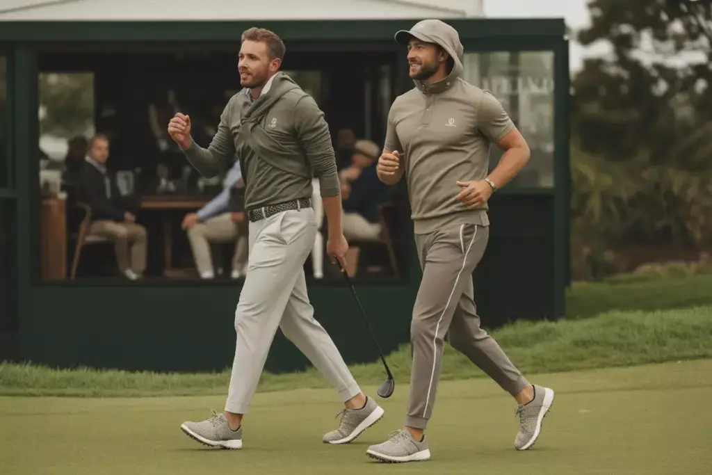 Golfer In Jogger Pants And Henley Transitioning From Course To Clubhouse