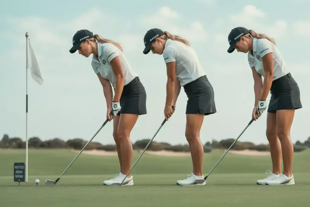 Sequence Of Female Golfer Performing Pre Shot Routine Target Practice Swing Address