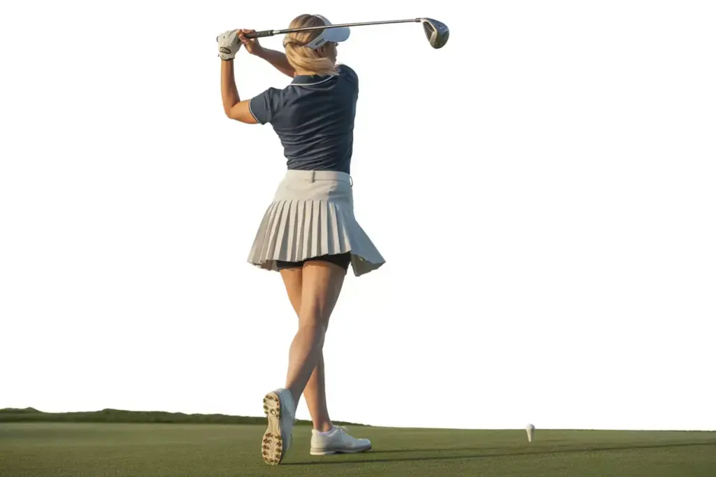 Female golfer in pleated skirt mid swing on fairway action shot
