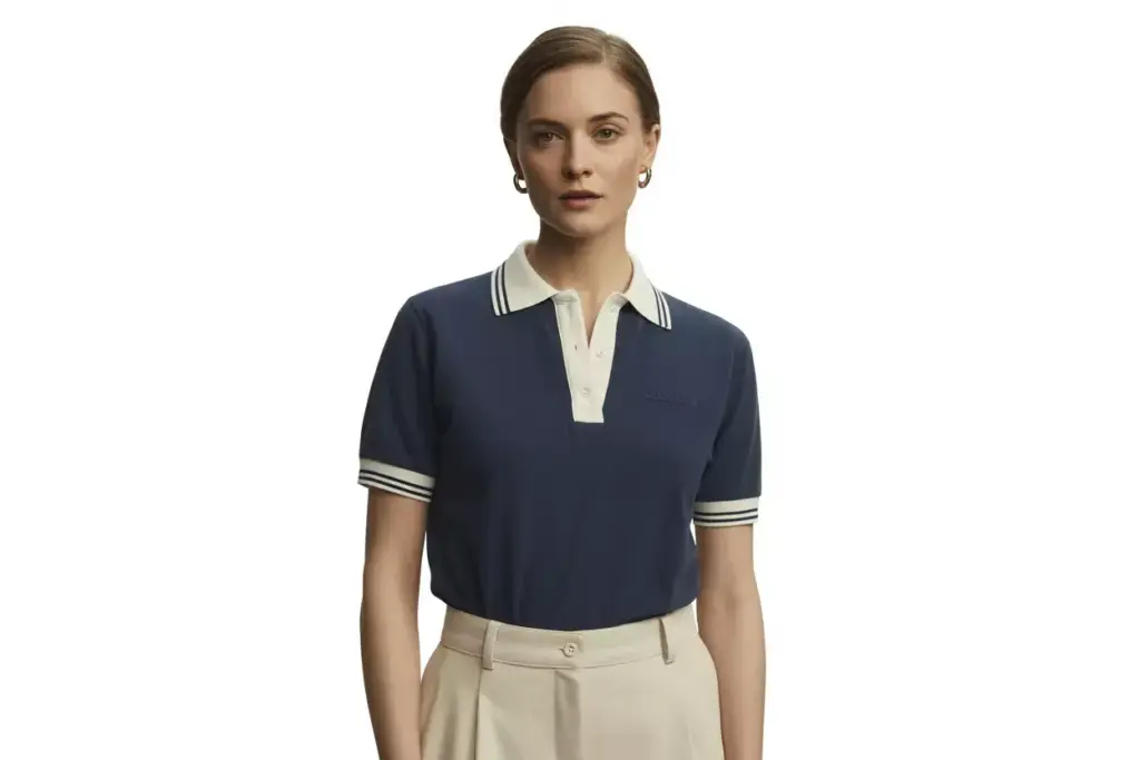 Woman in contrast collar polo shirt classic preppy portrait