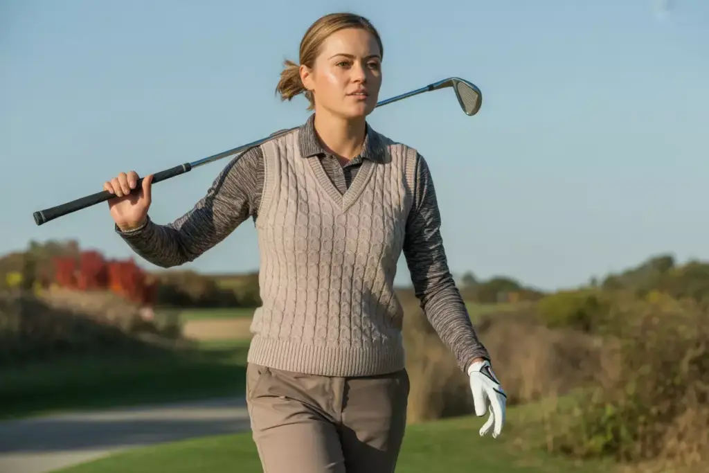 Female golfer in knit vest walking course in fall weather