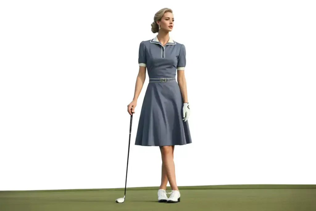 Woman in belied a line golf dress standing on fairway