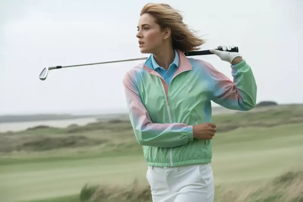 Golfer in pastel windbreaker bracing wind on links course