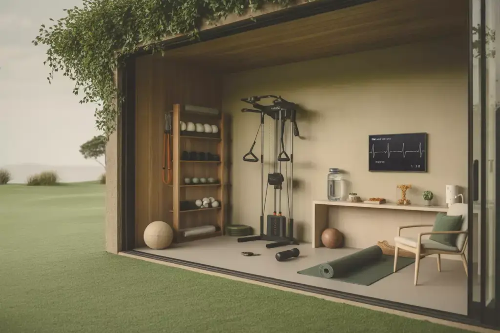Incorporate Wellness And Fitness Elements Golf Cable Machine Yoga Mat And Hydration Station In Calm Room