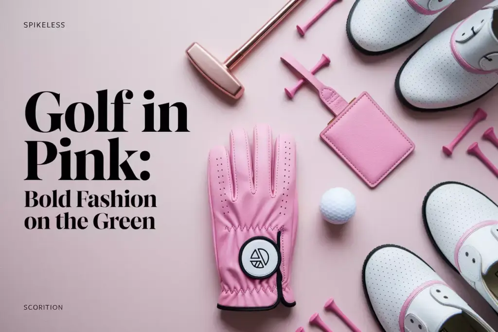 Pink golf fashion essentials flat lay with glove ball and rose gold putter