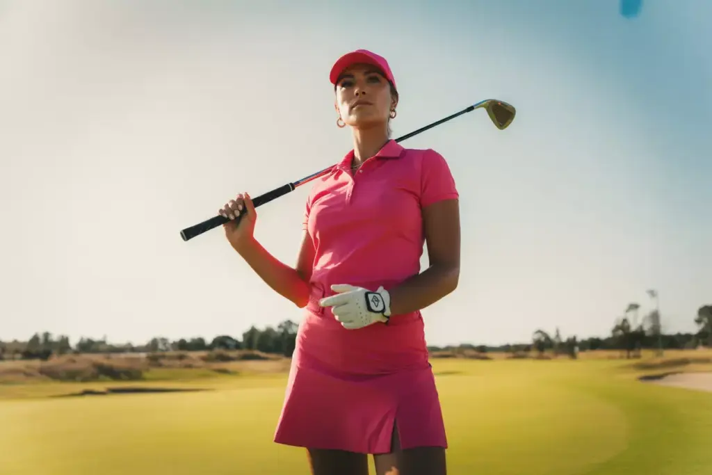 Confident female golfer in bold pink ensemble on first tee