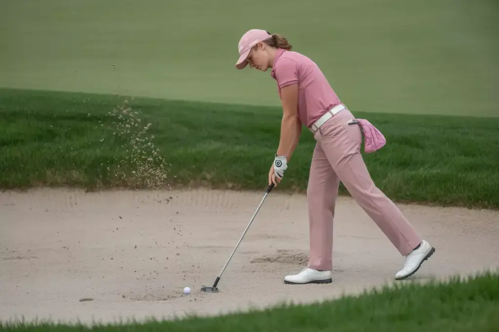 Golfer in pink repairing ball mark on green with tool