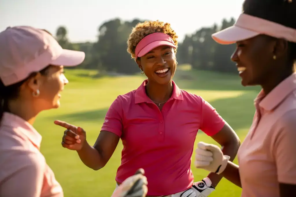 Diverse golfers sharing pink fashion inspiration on course