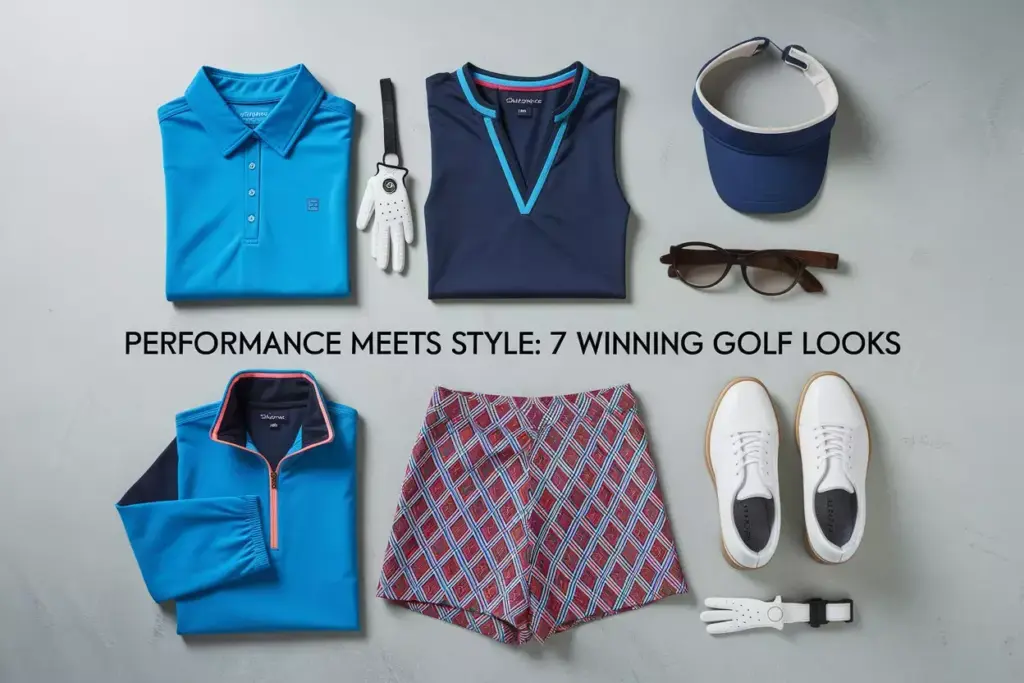 Modern womens golf apparel flat lay showcasing performance and style