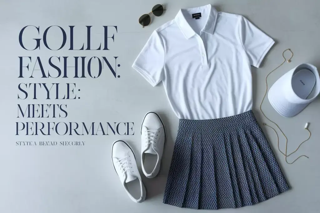 Modern womens golf attire flat lay with classic and contemporary elements