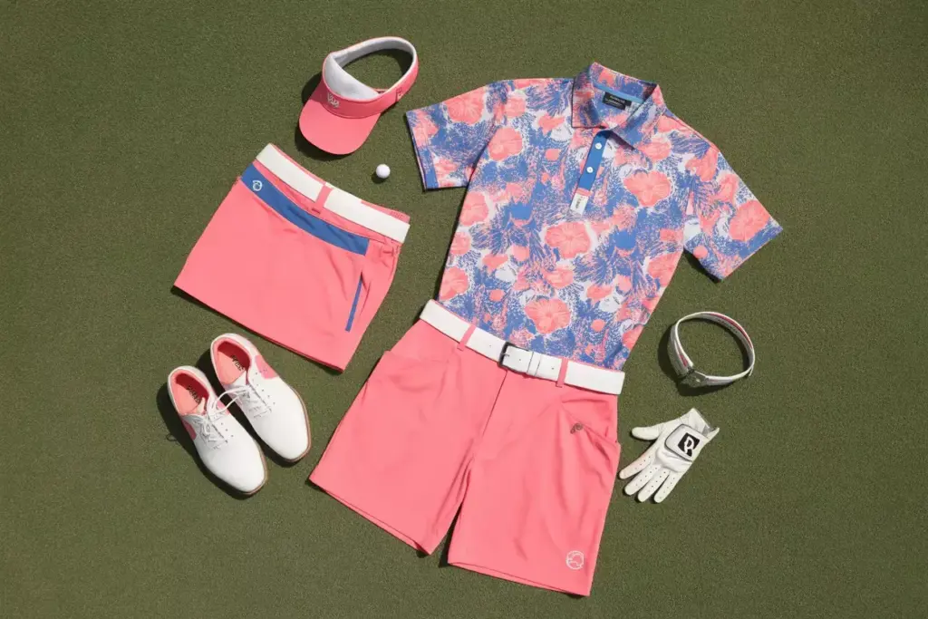 Floral print polo solid shorts coordinated flat lay styling