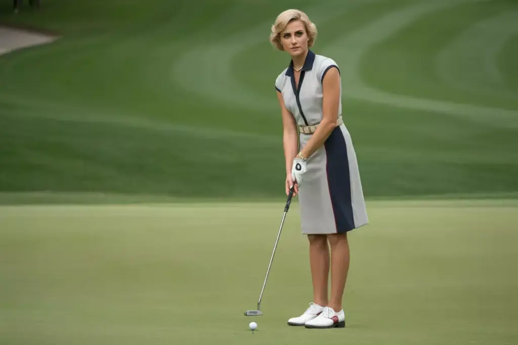 Tailored white golf dress elegant tournament putting stance