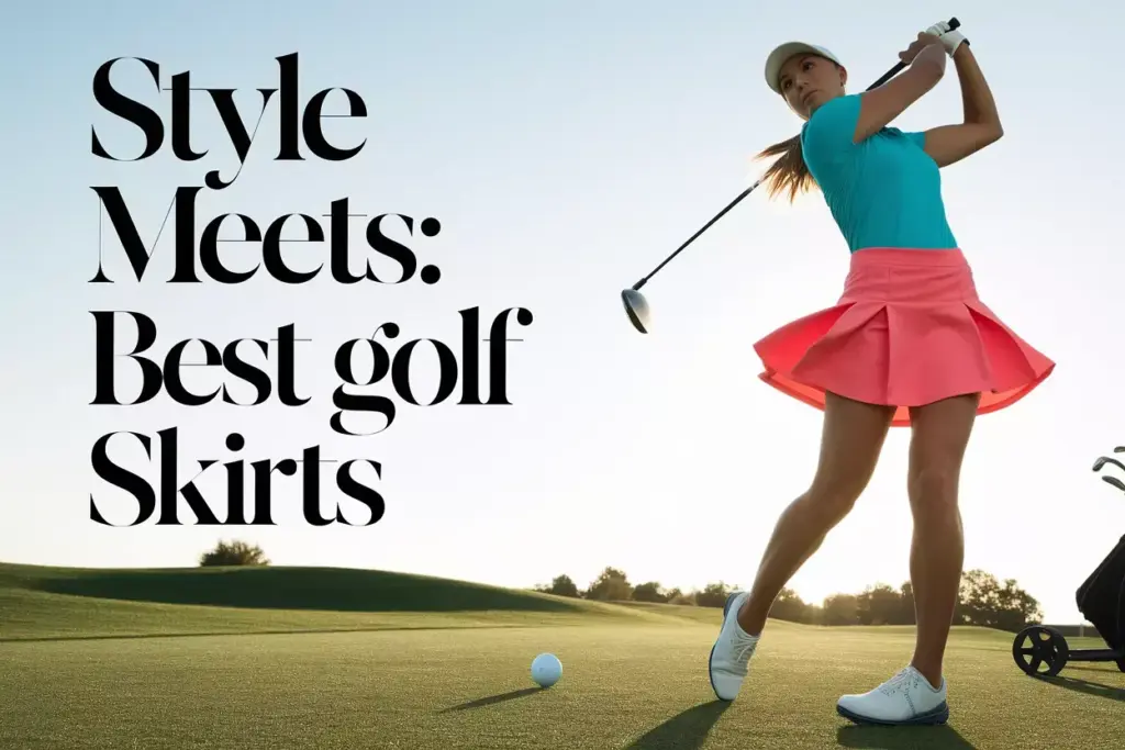 Style meets swing athletic woman golfing in modern skirt on fairway