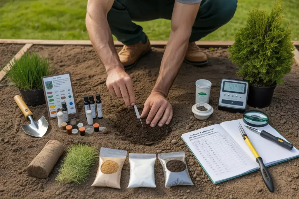 Hands Testing Soil Ph With Amendments Lime Sulfur Compost And Tools In Backyard Garden Bed