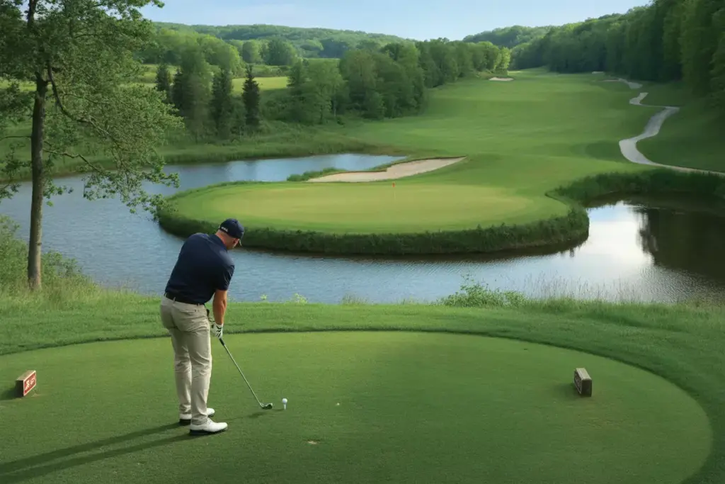 Threetops Elevated Tee Shot Over Water To Manicured Green