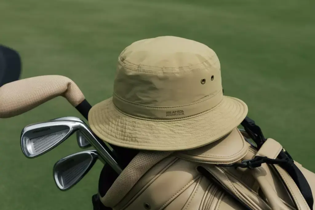 Khaki packable bucket hat on leather golf bag