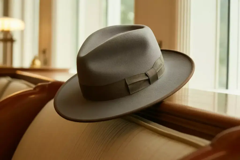 Grey wool felt golf fedora on clubhouse bench