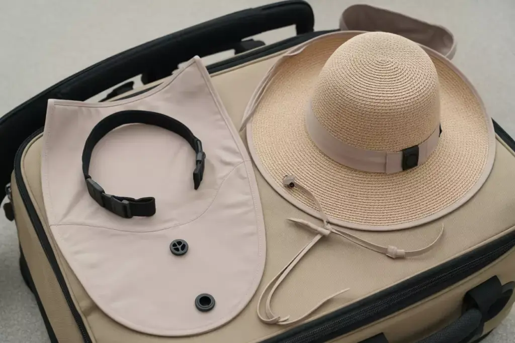 Convertible beige sun hat modular parts on duffel bag