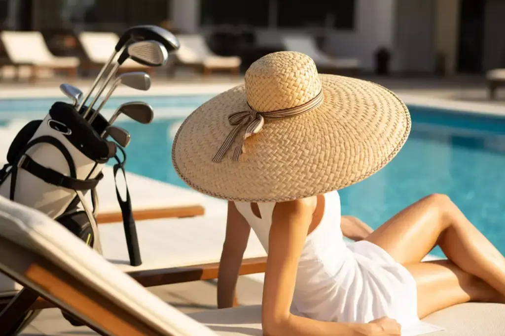 Oversized raffia resort hat by pool with golf bag