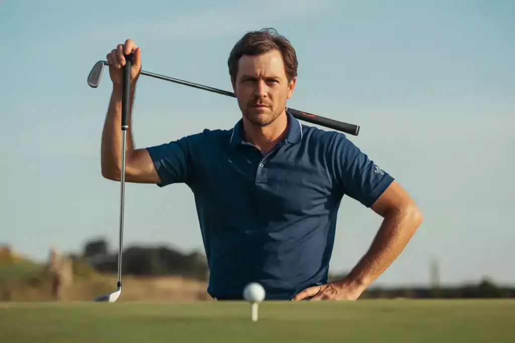 A Golfer In The Pre Shot Routine Stance With Club Vertical And Hand On Hip Surveying The Fairway