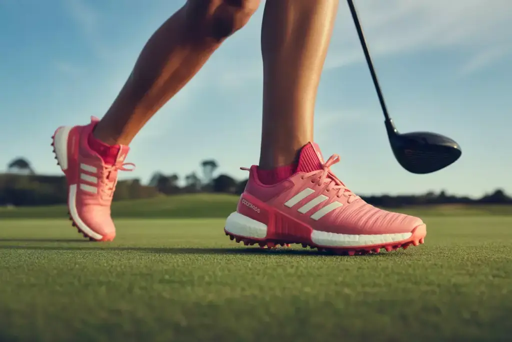 Adidas Codechaos Golf Shoe Primeknit Upper On Fairway Walking Action