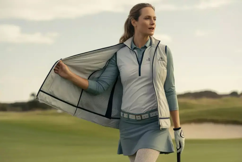 Layered golf outfit vest cardigan breezy day