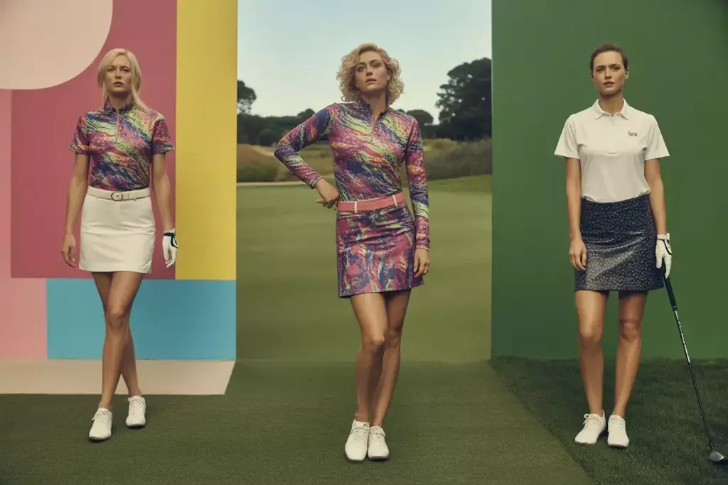 Bold floral print skirt neutral top golf course