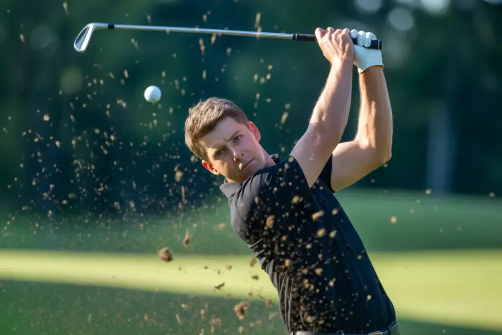 Frozen Golf Swing Impact With Dramatic Lighting And Motion