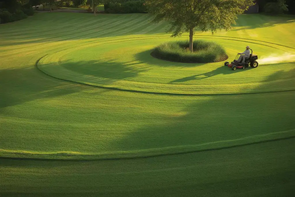Manicured Backyard Lawn With Striped Diagonal Mowing Patterns And Varying Grass Heights