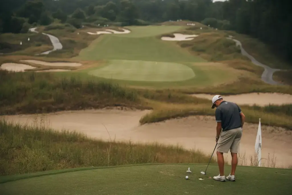 Tobacco Road Golfer Assessing Shot Over Waste Bunkers