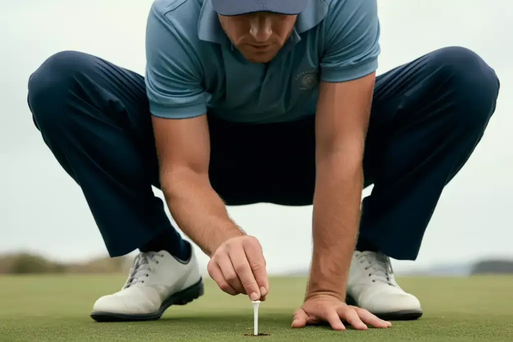 A Golfer In A Controlled Crouch With A Straight Back Placing A Tee On The Ground