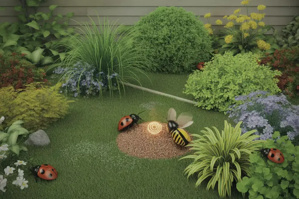 Healthy Backyard Garden With Ladybugs Bees Slow Release Fertilizer And Drip Irrigation