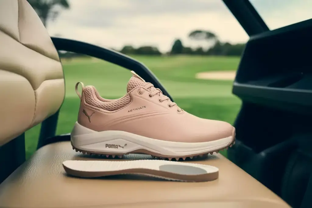 Puma Ignite Articulate Golf Shoe On Cart Bench Pre Round Setting