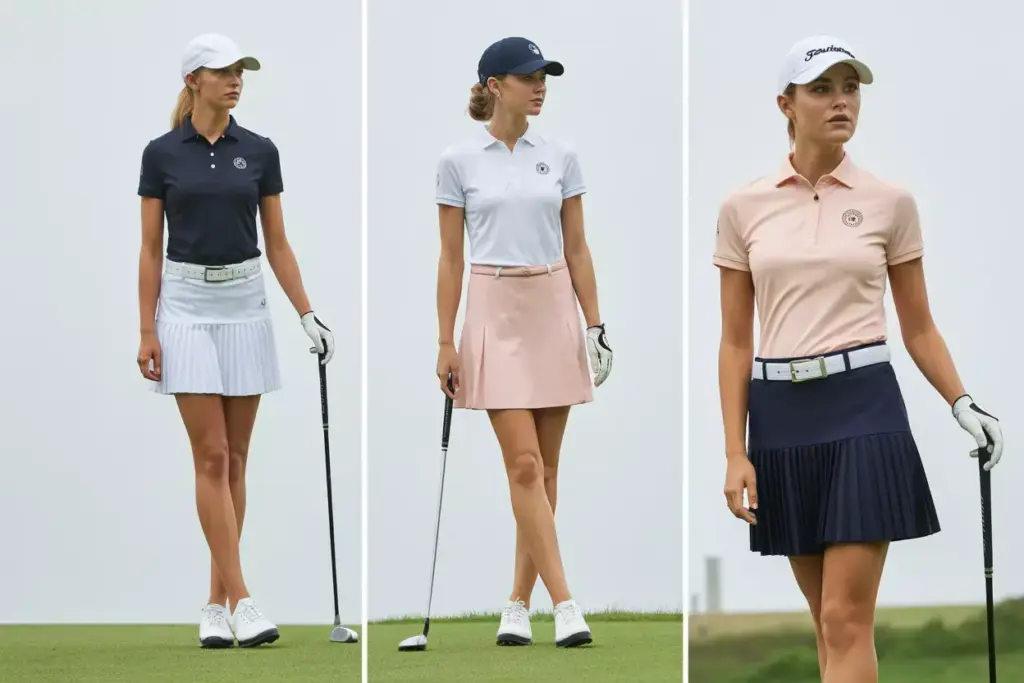 Classic navy polo white pleated skirt golfer course pose