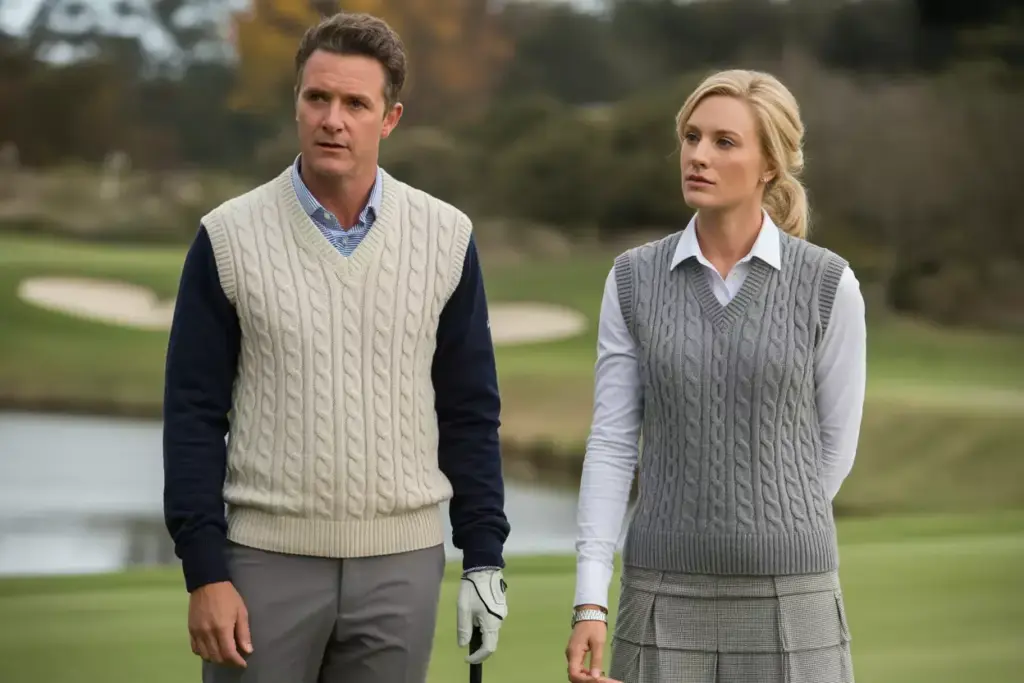 Cable knit vest collared shirt layered cool weather golf