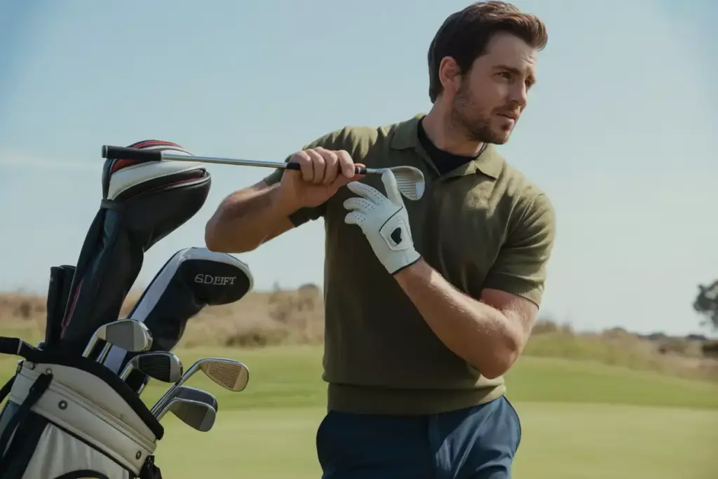 A Thoughtful Golfer Choosing A Club From His Bag With An Engaged And Confident Posture