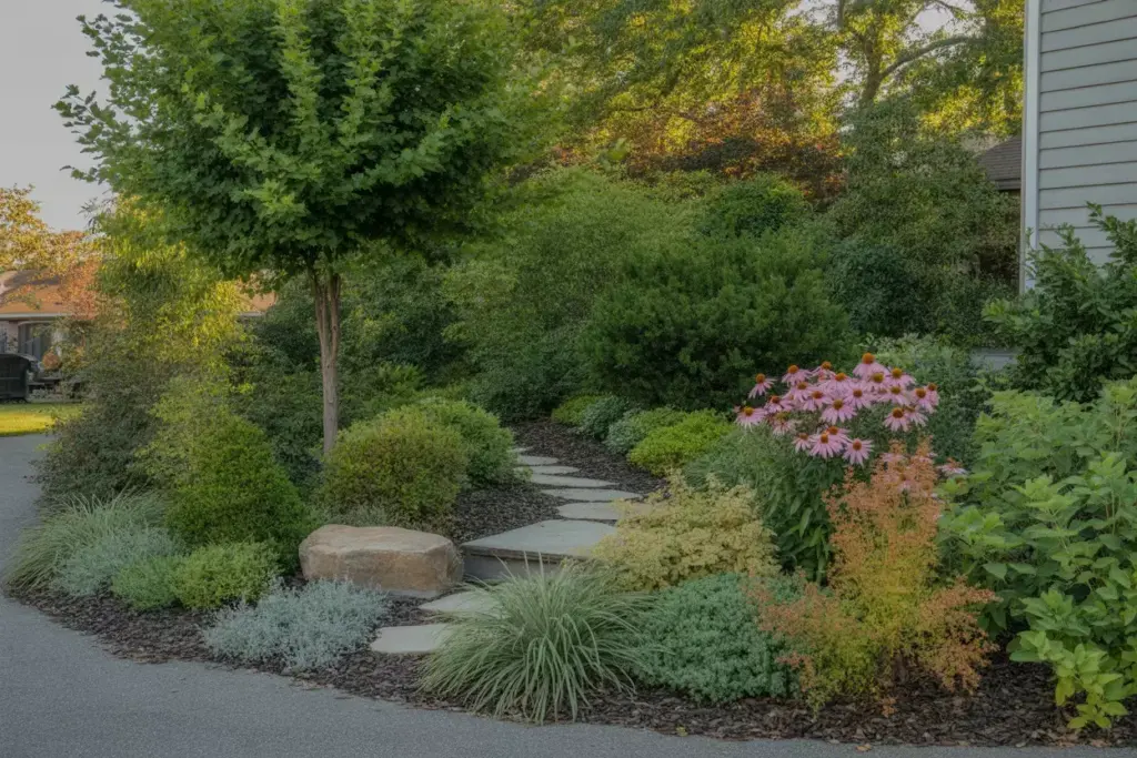 Layered Backyard Border With Native Perennials Shrubs Tree And Flagstone Pathway Design