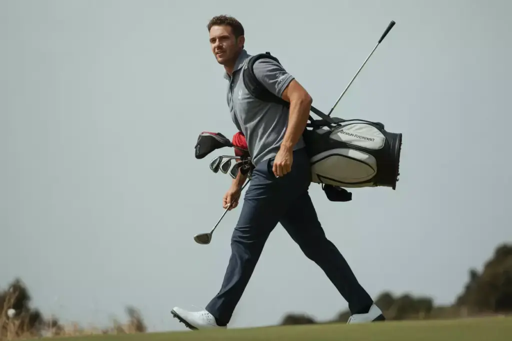 A Confident Golfer Walking With Purpose Upright Posture And A Natural Arm Swing Between Shots